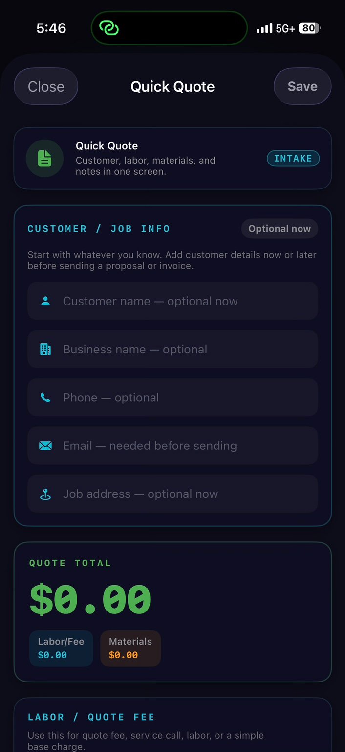JaxAutomate quick quote customer and job details